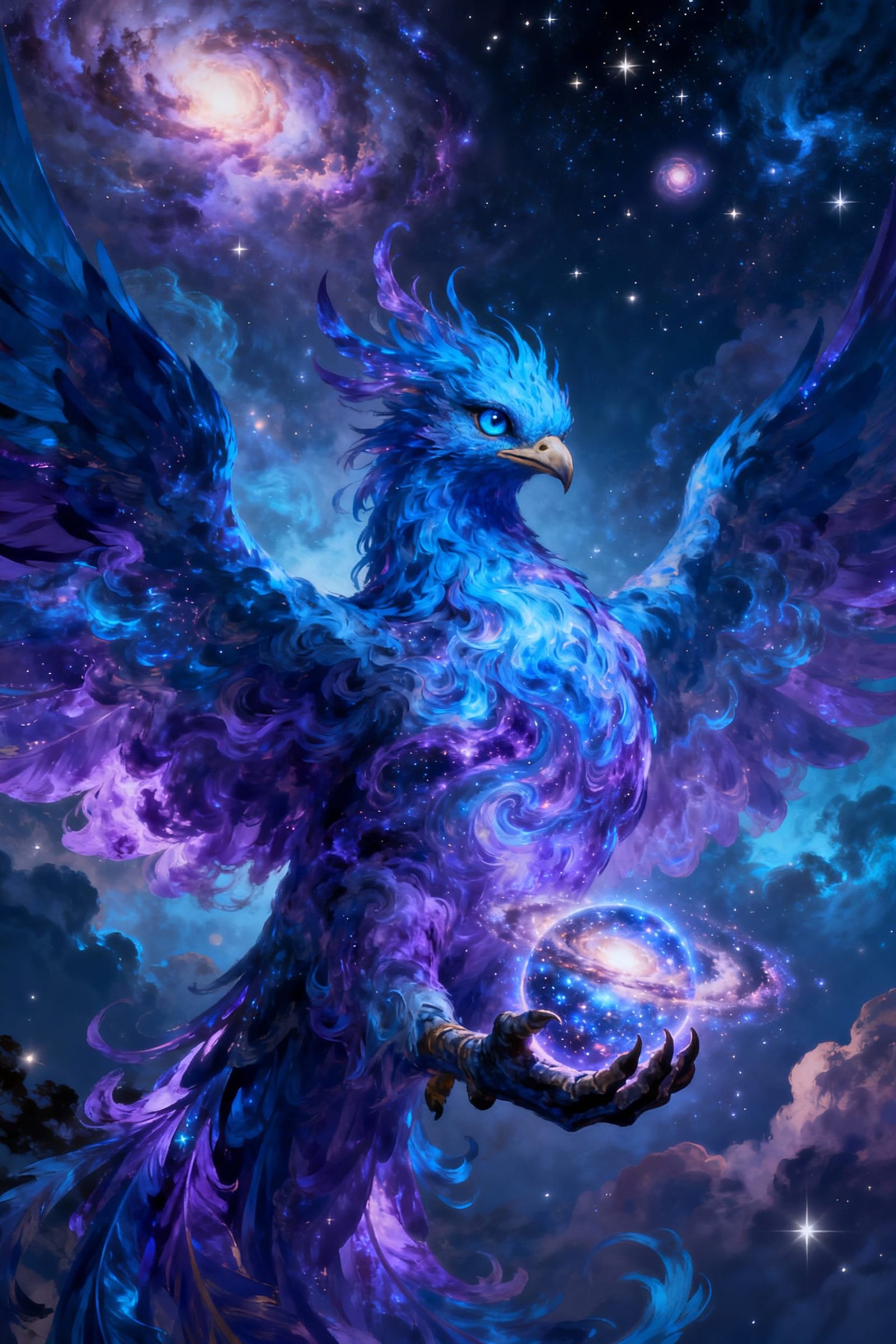 Cosmic Phoenix Holding Galaxy in Blue and Purple Nebula