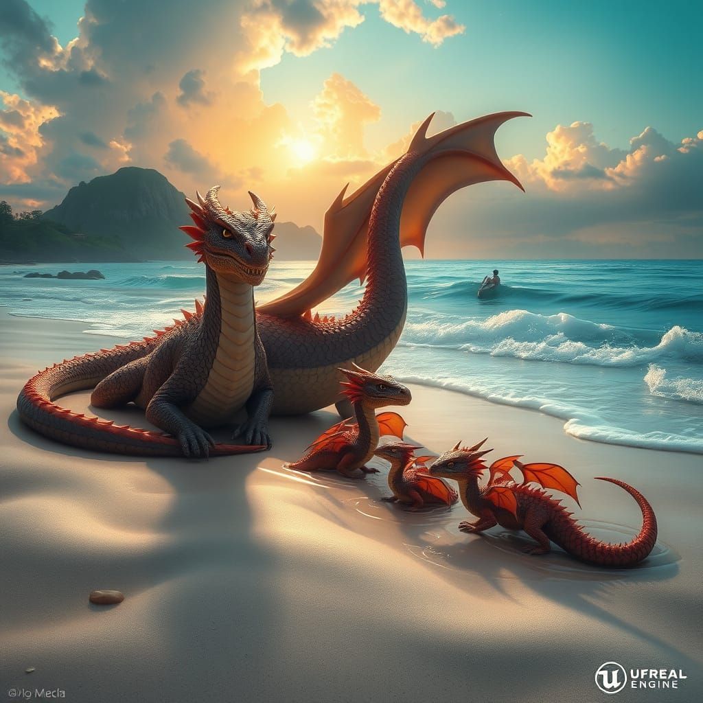 Dragon Family Relaxing on Beach in Art Nouveau Style