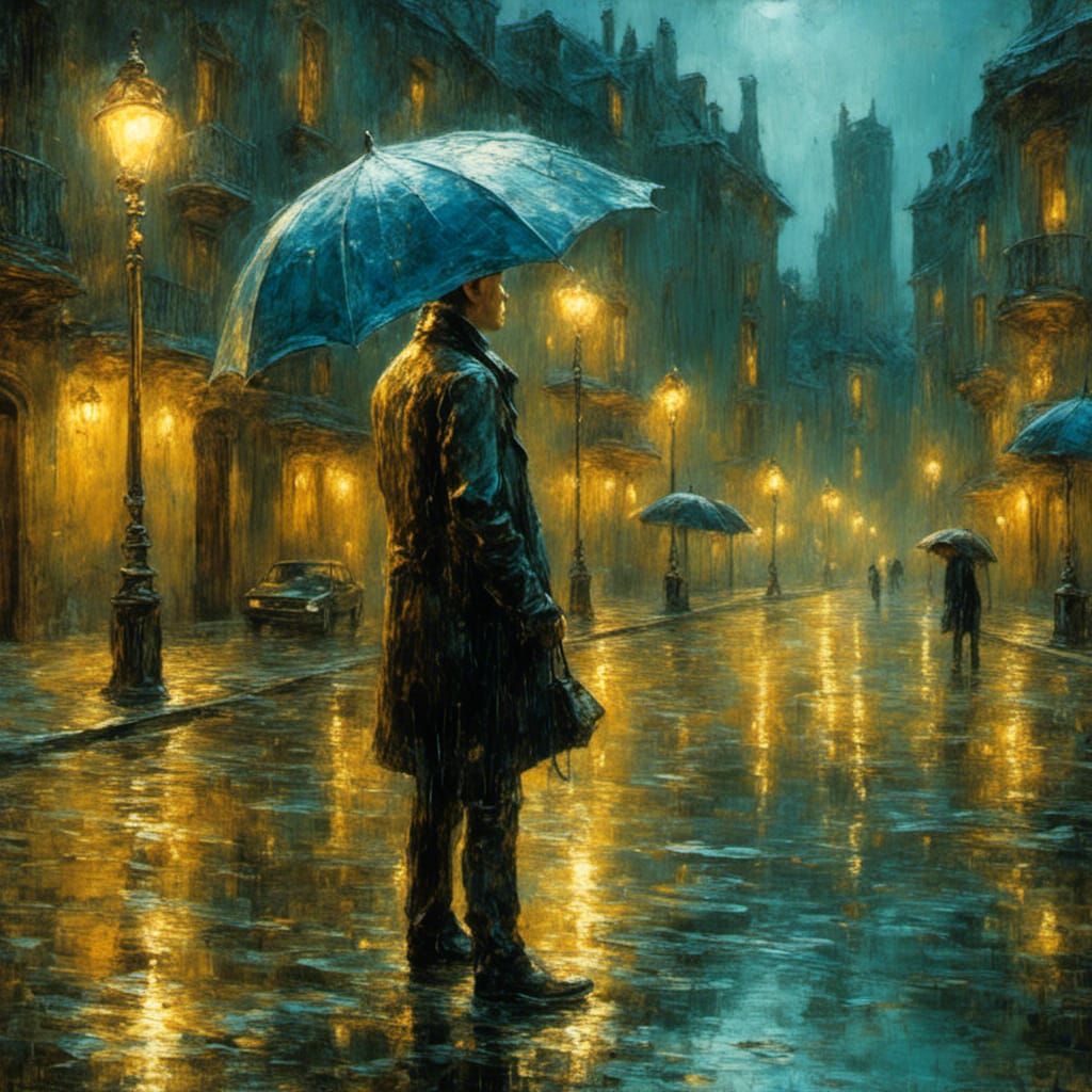 Rainy Night Surrealism: Person Under Streetlamp