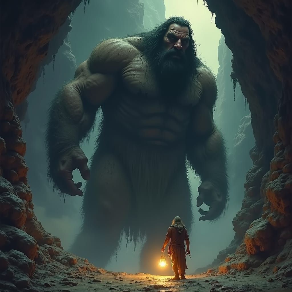 Man with Lantern Confronts Giant in Dark Cave