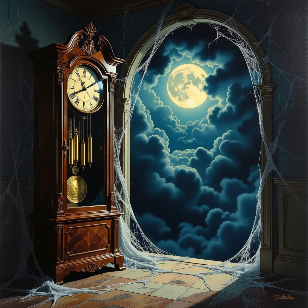 Eerie Grandfather Clock in Moonlit Shadows, Dali Style