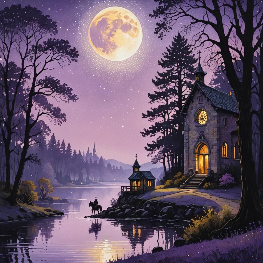 Pointillist Nightly Landscape with Chapel and Rider