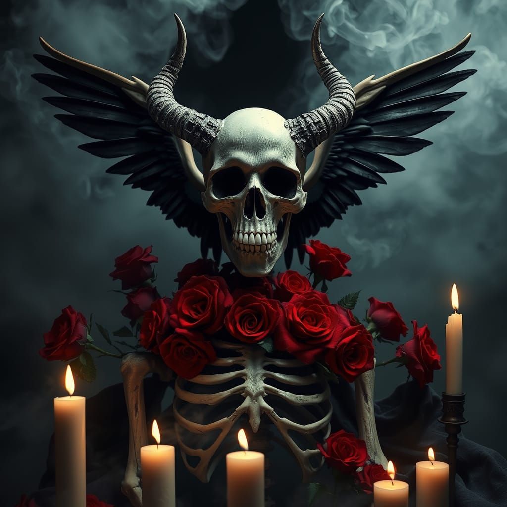 Surreal Gothic Composition with Horned Skull and Wings