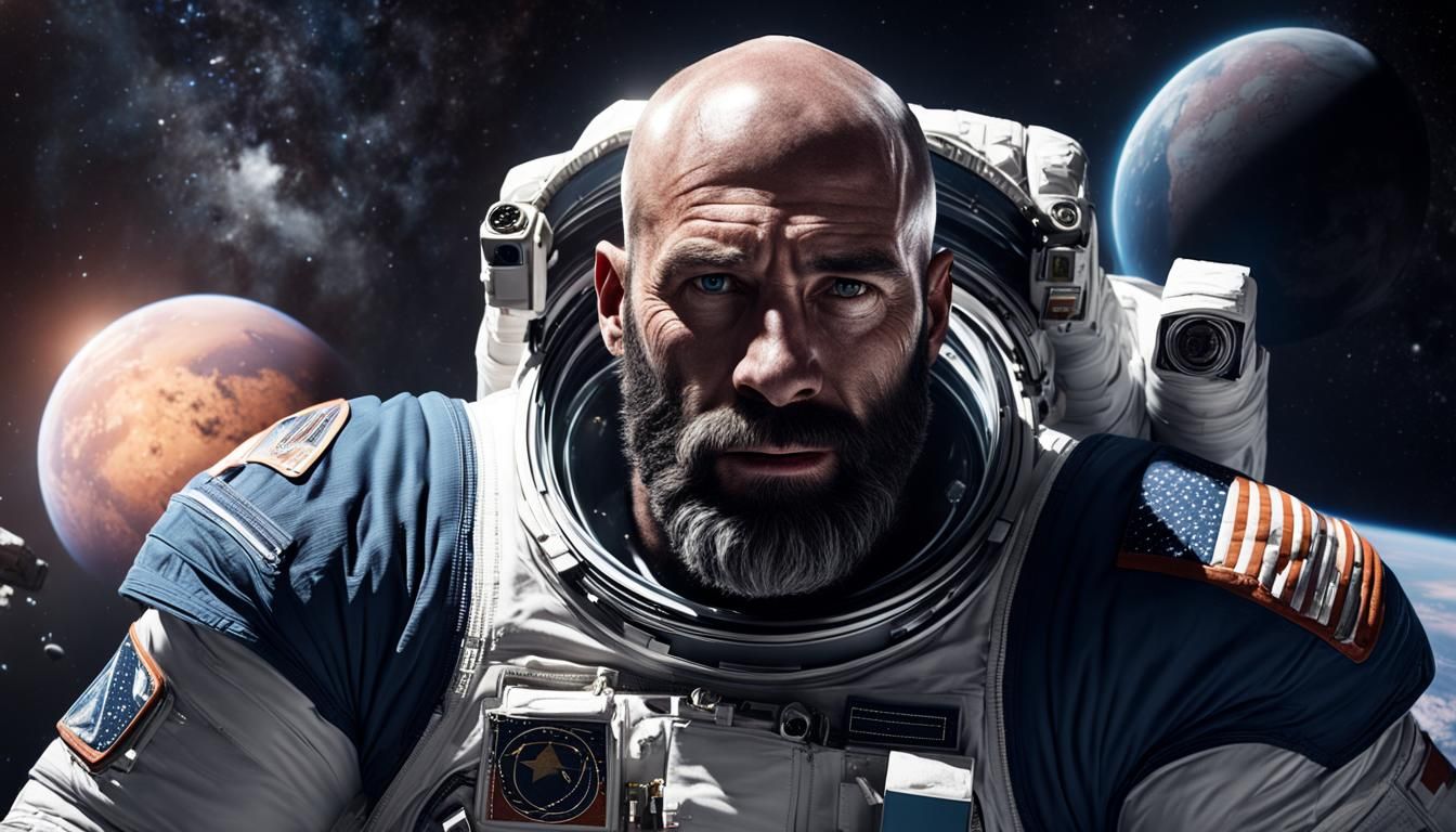 Muscular Astronaut with Beard in Deep Space