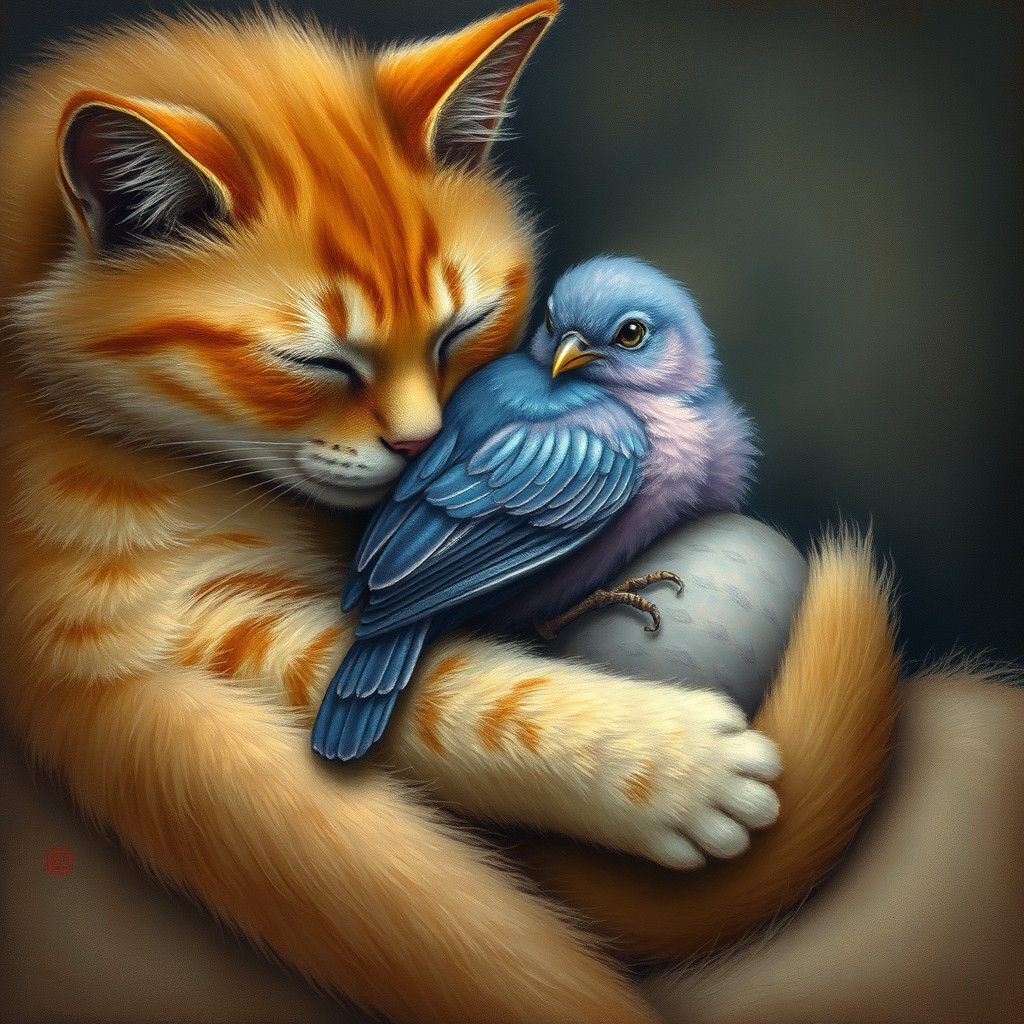 Sleeping Cat Cuddles Iridescent Nightingale in Ethereal Ligh...