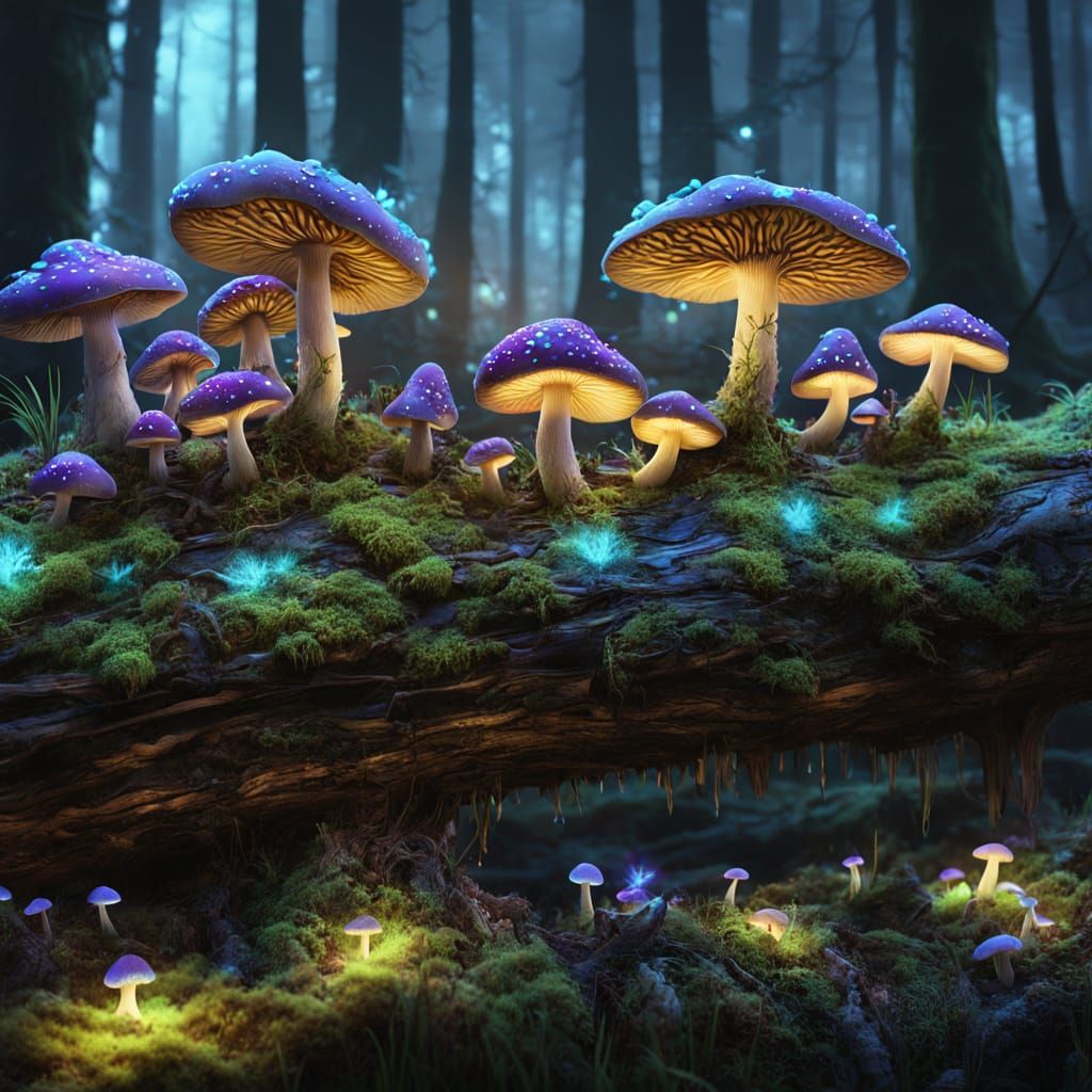 Bioluminescent Shrooms on Mossy Log in Mystical Forest