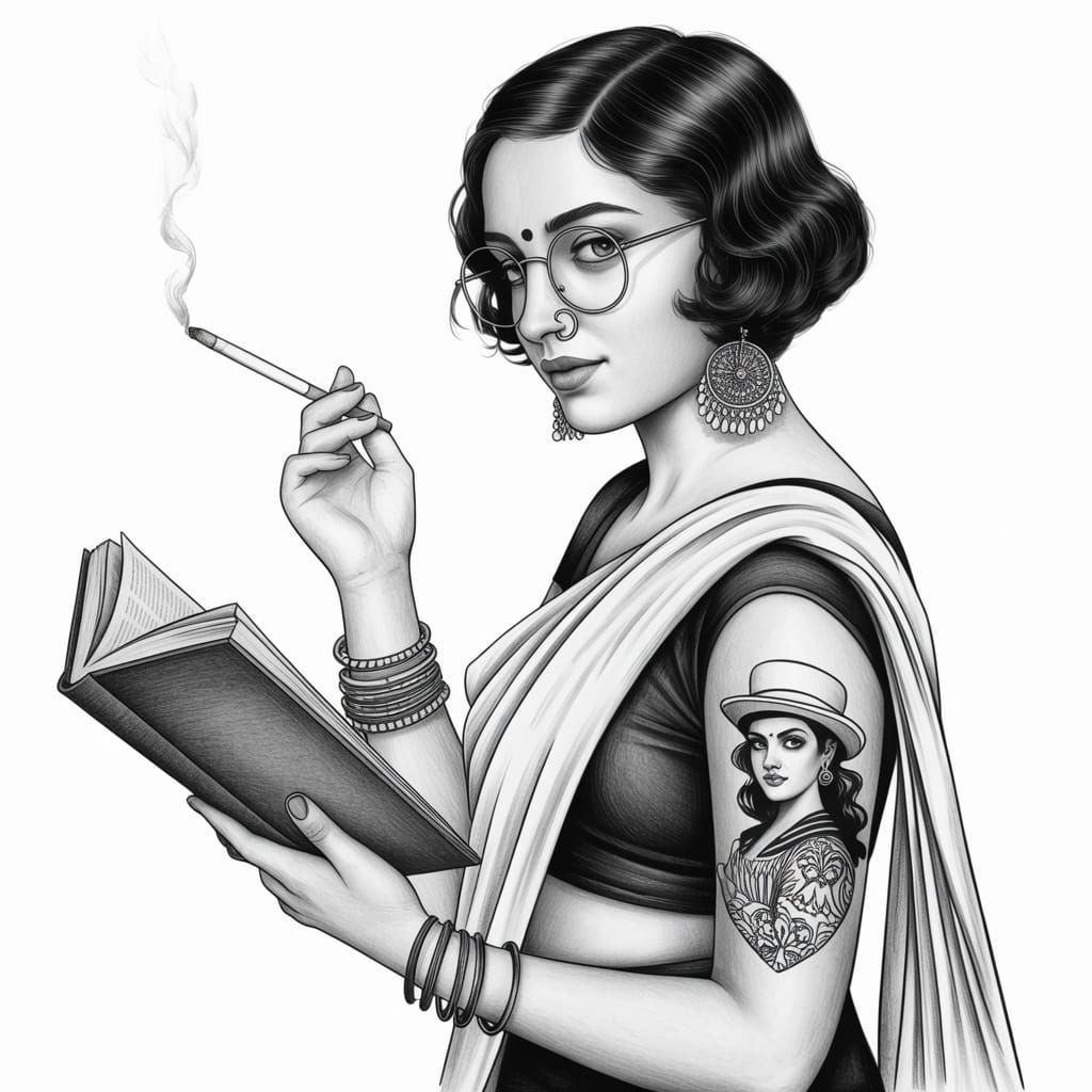 1920s South Asian Girl Reading, in Pencil Drawing