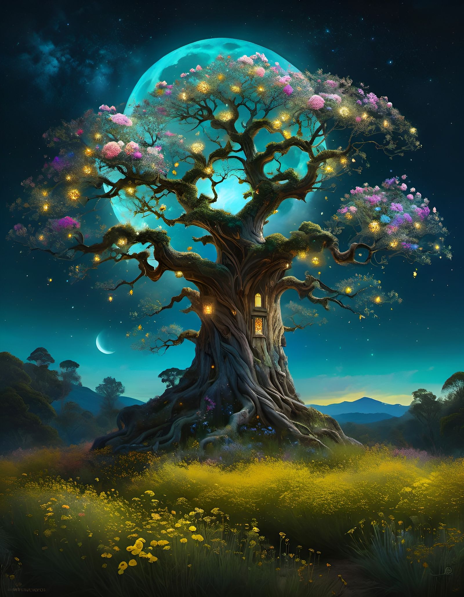 Bioluminescent Tree of Life with Glowing Flowers