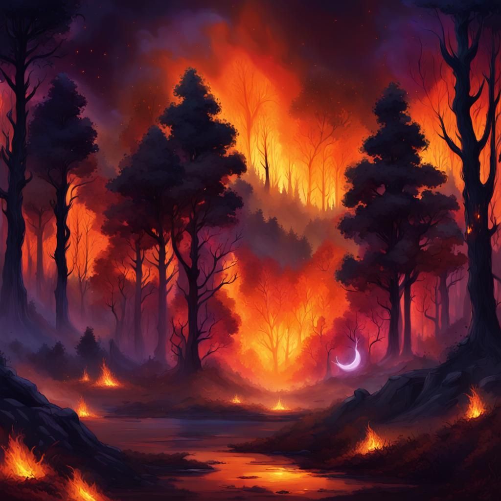 Mystical Forest Wildfire Under Black Moon