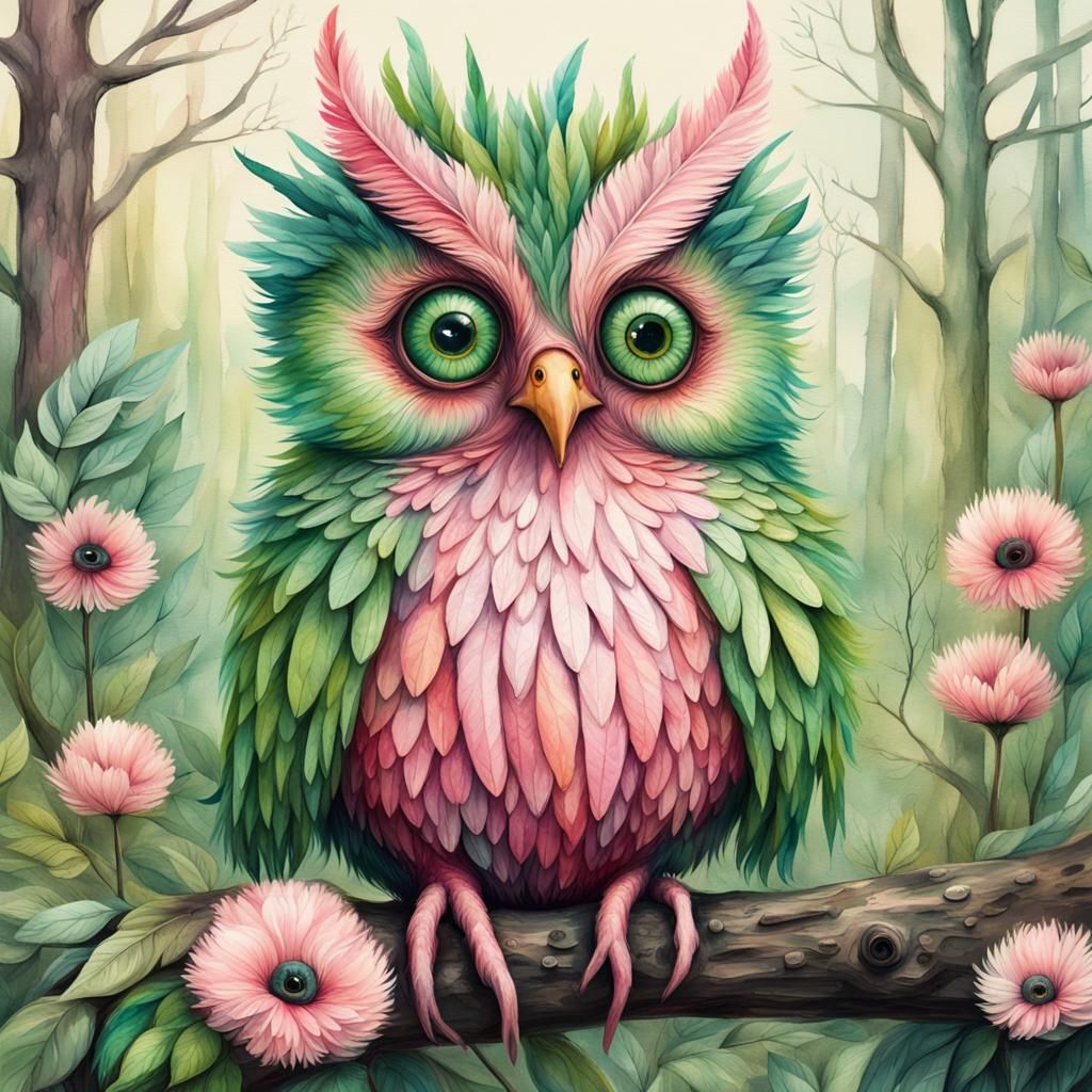 Whimsical Quirky Feathered Spring Forest Creature :: Quirky Folk Style :: Strangely Odd :: 70's Vibe Color Palette :: ...