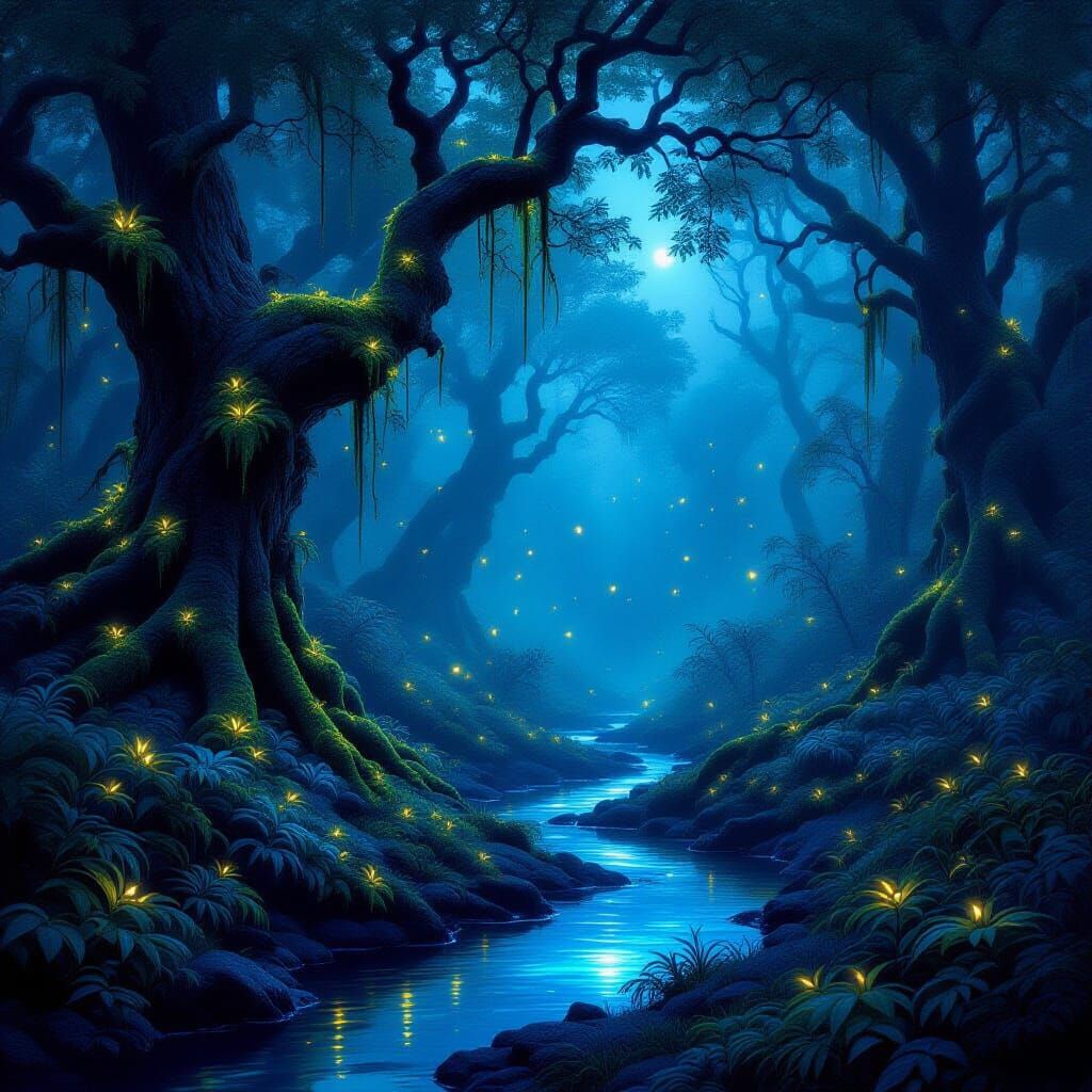 Bioluminescent Forest Twilight with Ethereal Flora