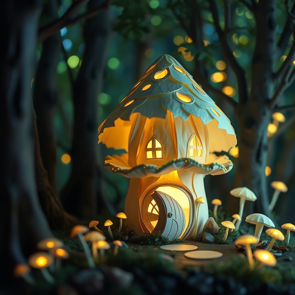 Whimsical Papercraft Fairy House in Enchanted Bioluminescent...