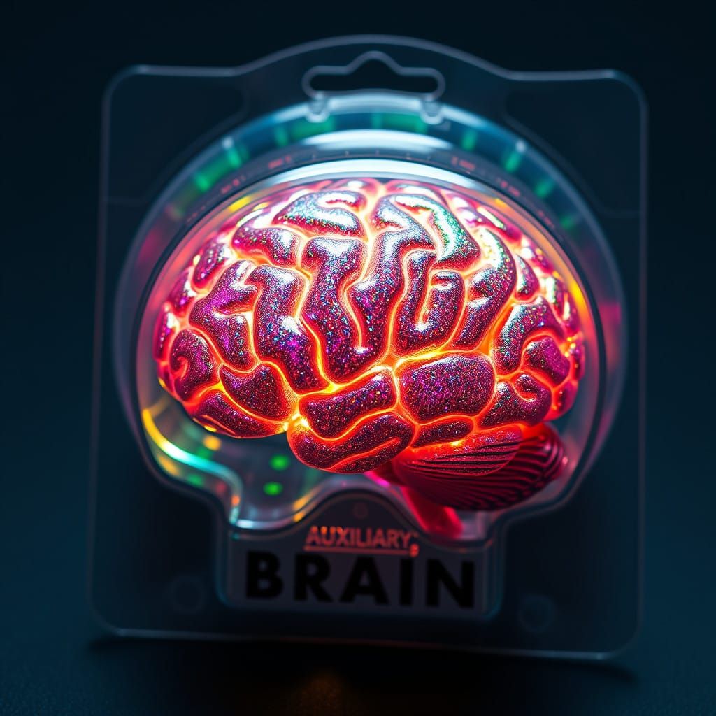 Glowing Miniature Brain in Futuristic Packaging