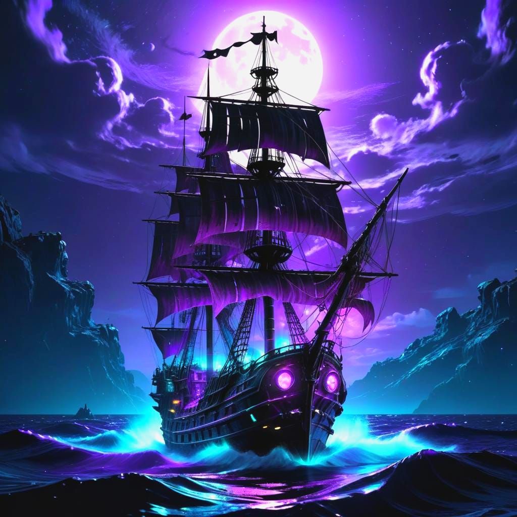 Bioluminescent Dieselpunk Pirate Ship Under Moonlight