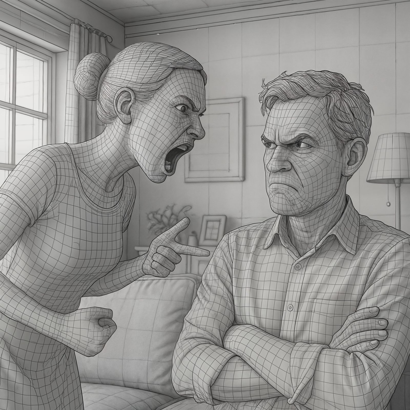 Angry Wire Wife Yelling at Husband: 3D Render