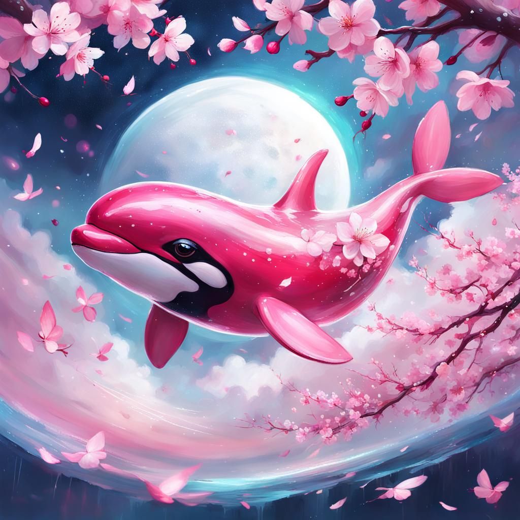 Pink Cherry Blossom Orca in Surrealist Style