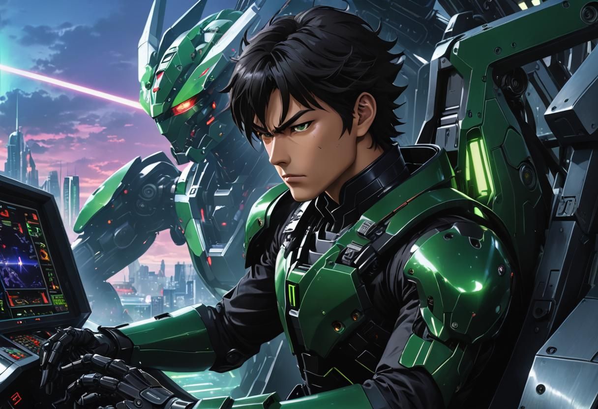 Anime Pilot Gazing at Kaiju Monster in Mecha Cockpit