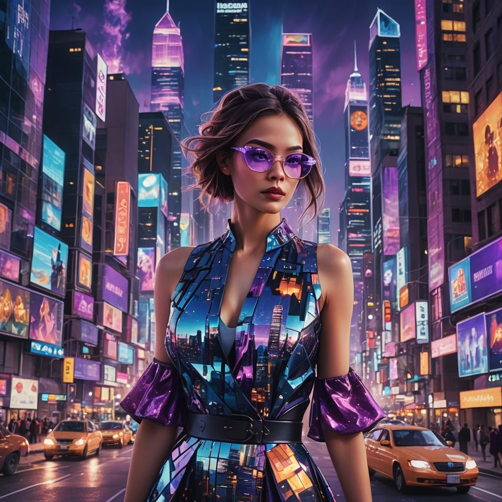 Futuristic Supermodel in Vibrant Cityscape, Digital Art