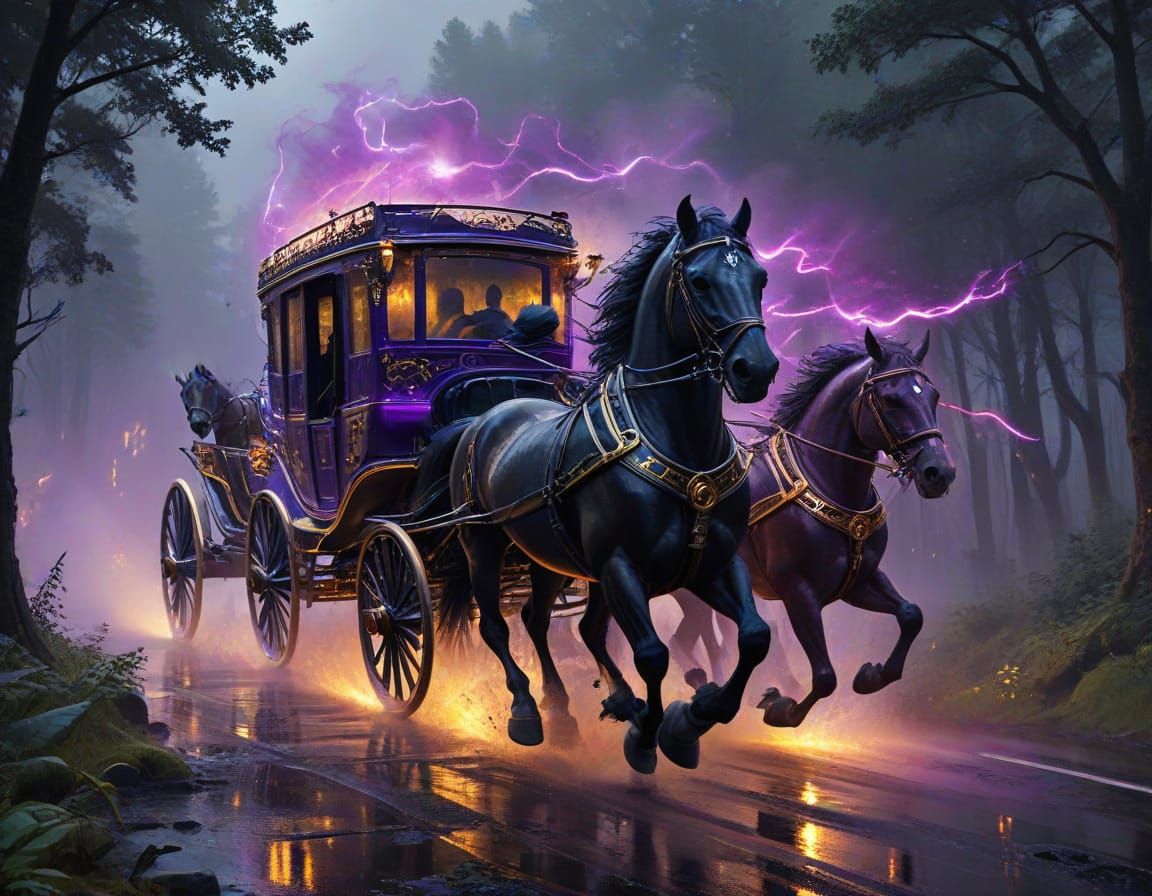 Stormy Night Horse-Drawn Carriage Thunder Through Forest