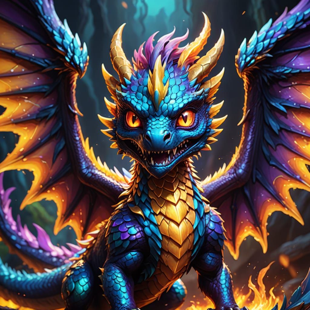 Vibrant Chibi Dragon Phoenix Beast in Triadic Colors