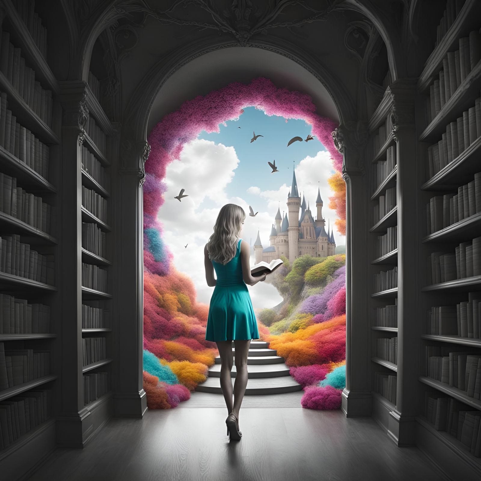 Woman Reading Enters Fairytale Portal