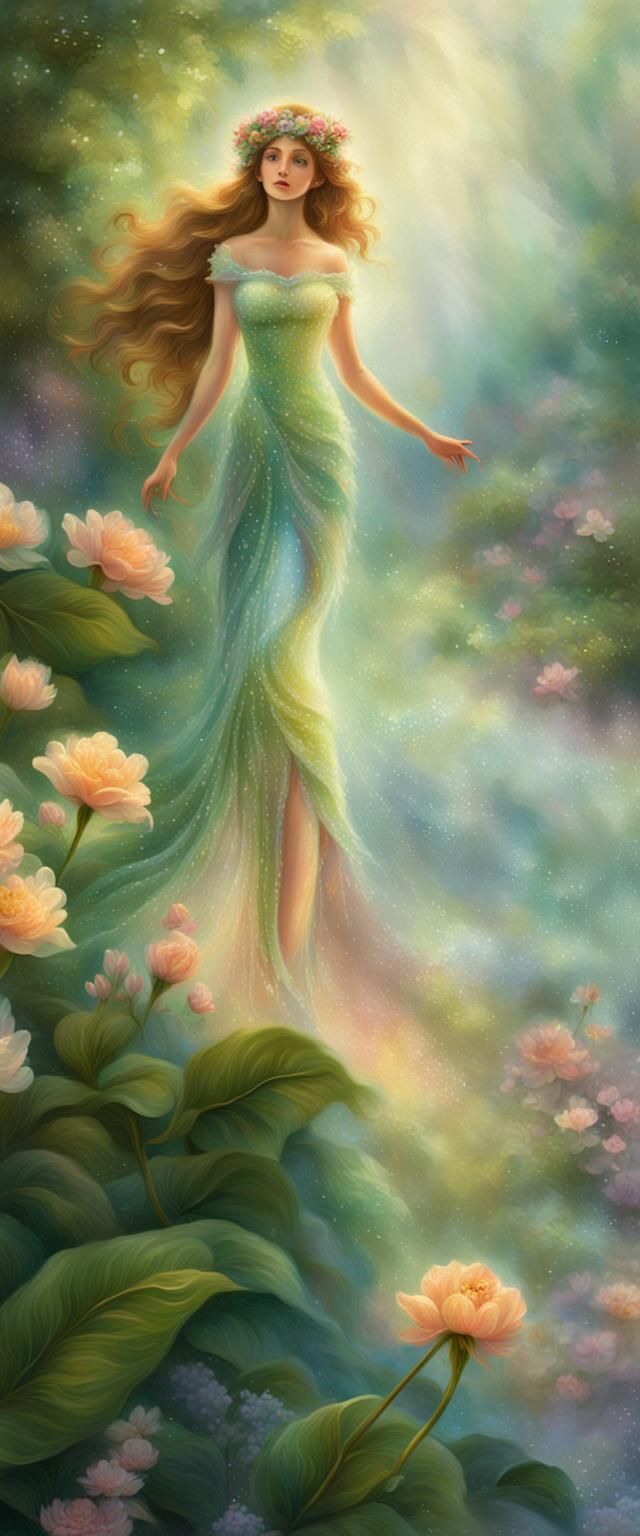 Ethereal Siren Nymph in Flower Dress, Fantasy Illustration