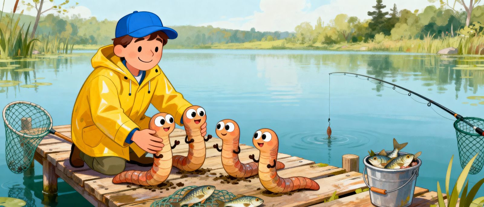 Friendly Fisherman Pets Anthropomorphic Worms