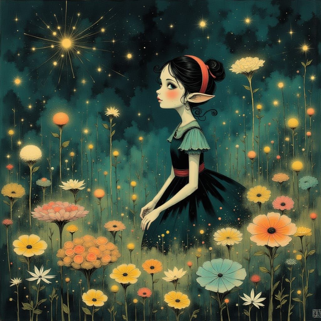 Whimsical Elf Tends Bioluminescent Garden in Twilight