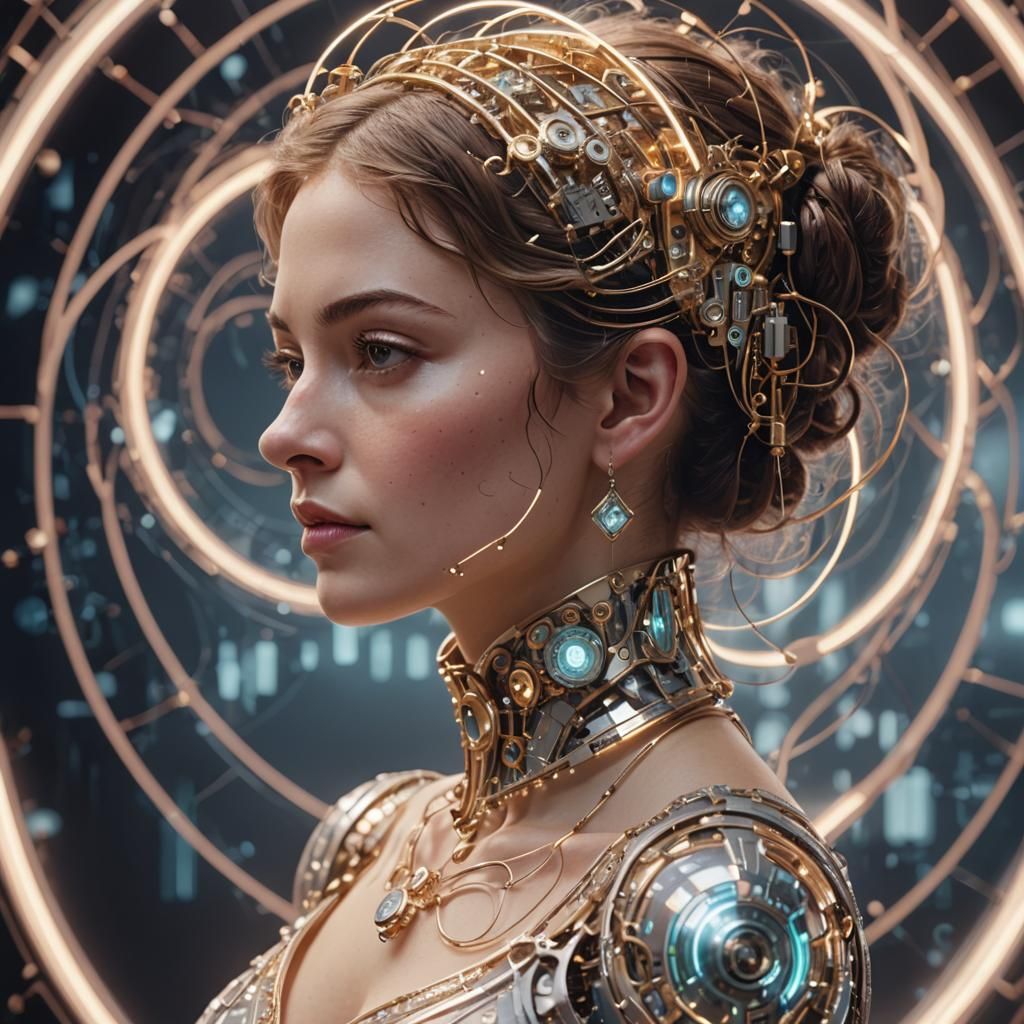 Futuristic Regency Cyborg Portrait with Digital Circuits