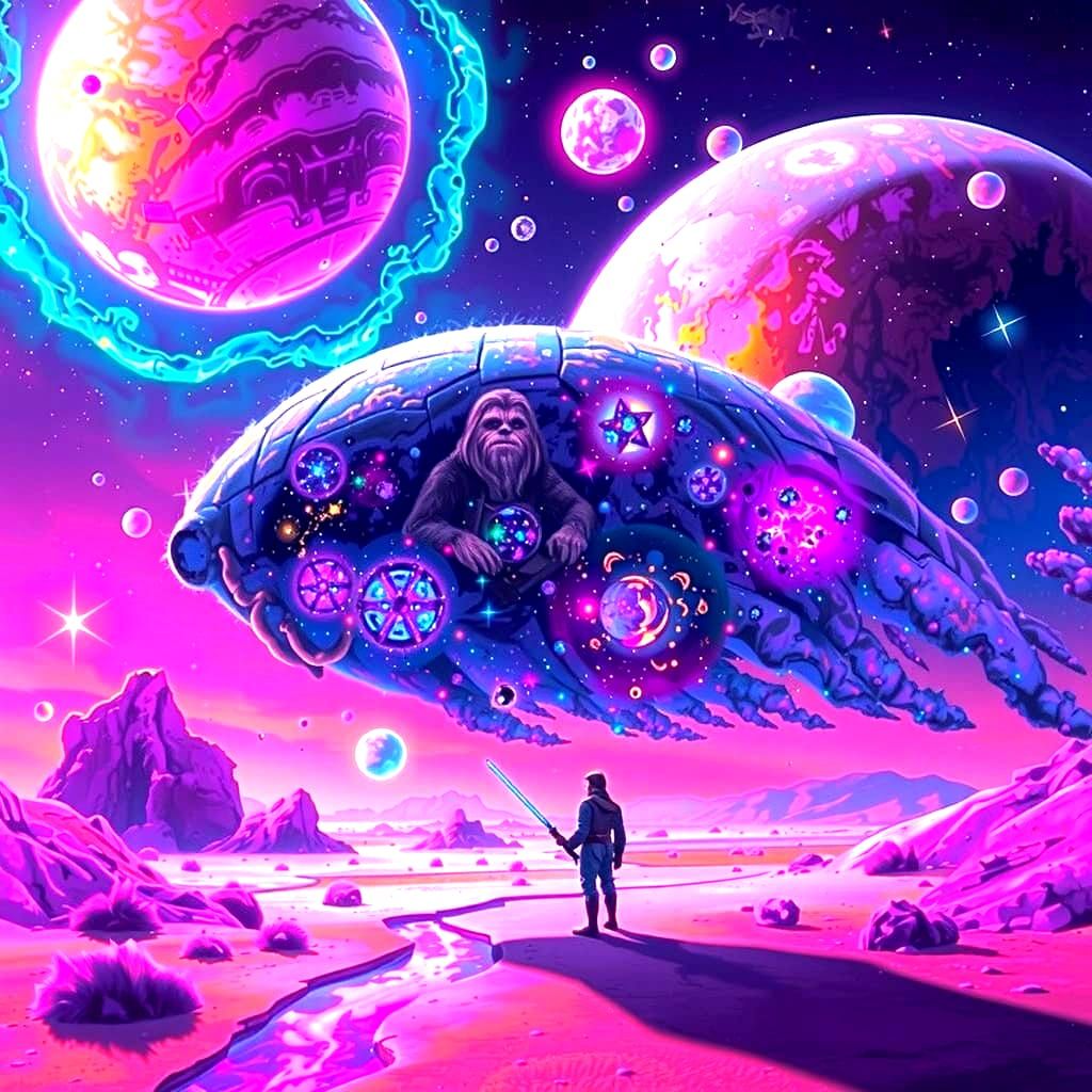 Wookiee Jedi Contemplates Galaxy in Cosmic Meditation