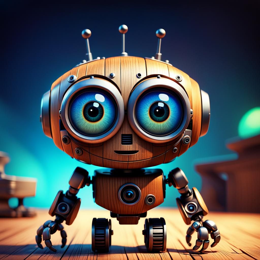 Adorable Wooden Robot in Pixar Style