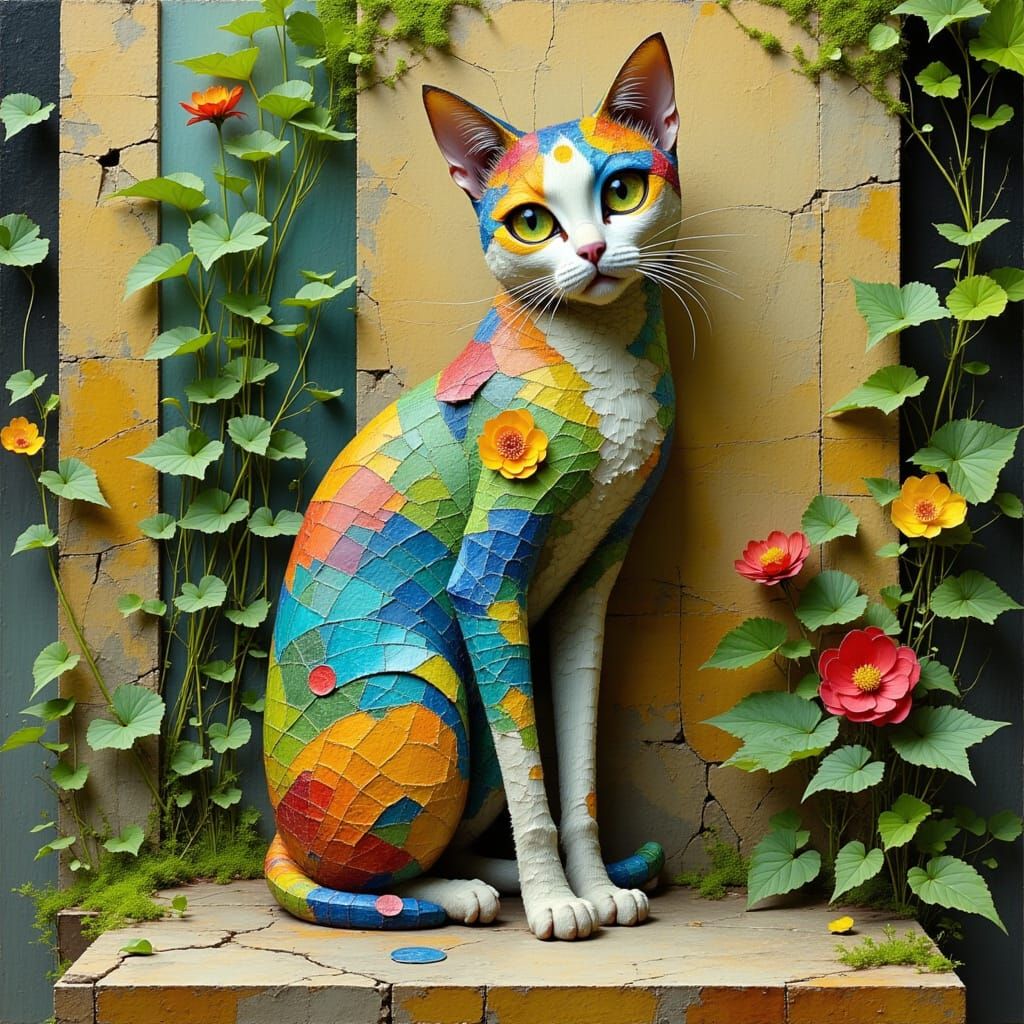 <lora:Akimora:1.0> majestic, mosaic cat sitting proudly on a...