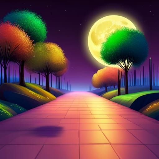 Neon Village with Translucent Trees in 3D