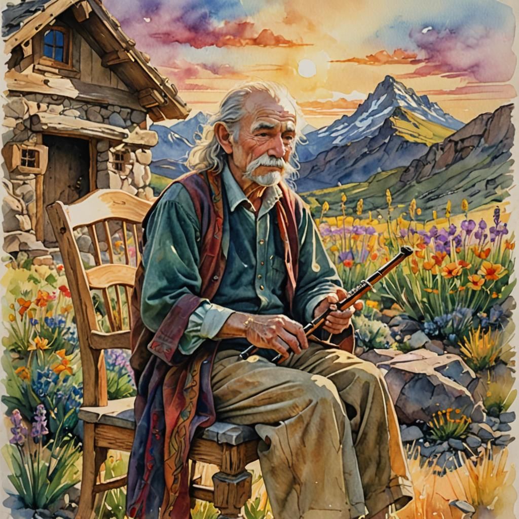 Fauvist Watercolor of Old Flutist in Desert Meadow