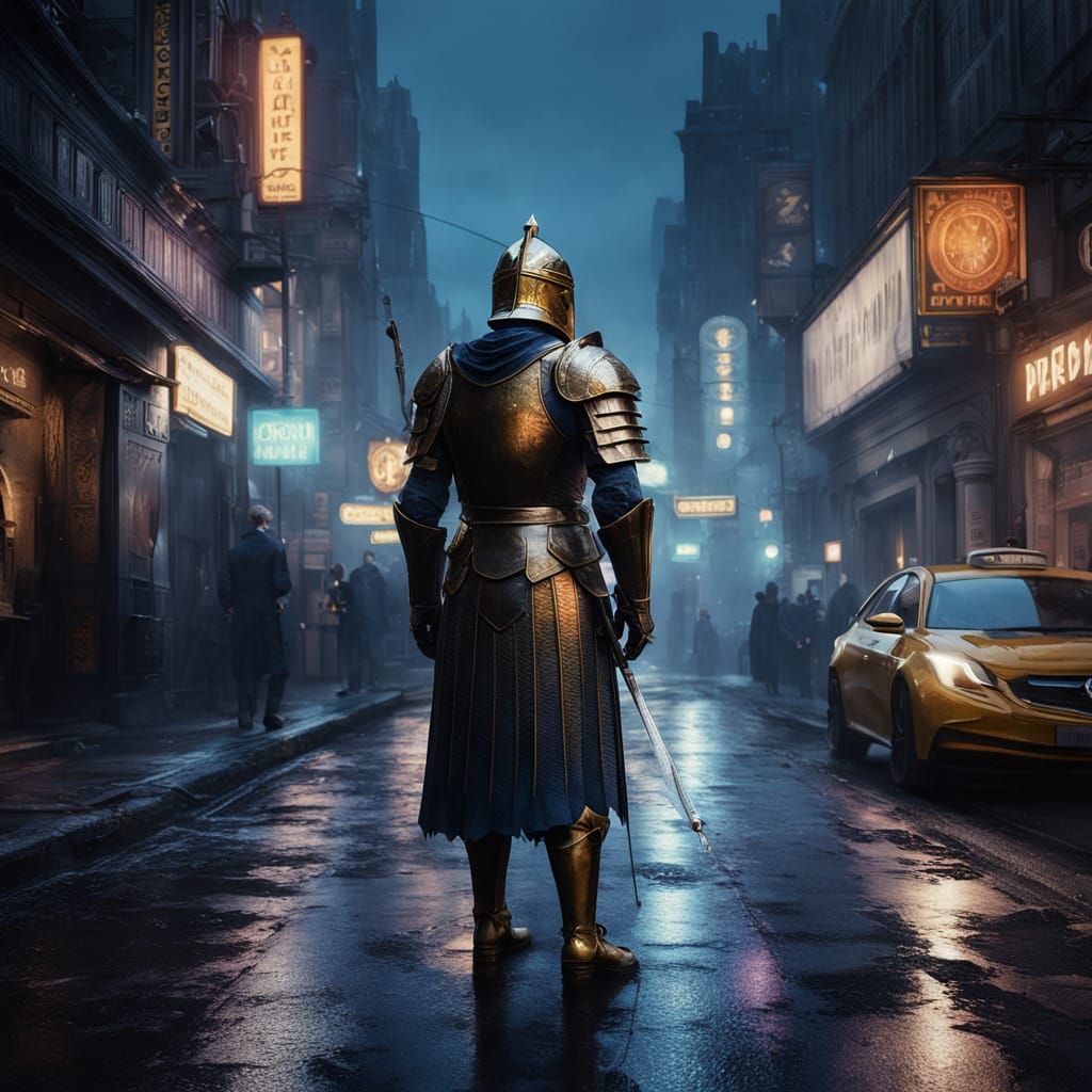 Arthurian Knight Awaits Taxi in Neon-Lit Cityscape
