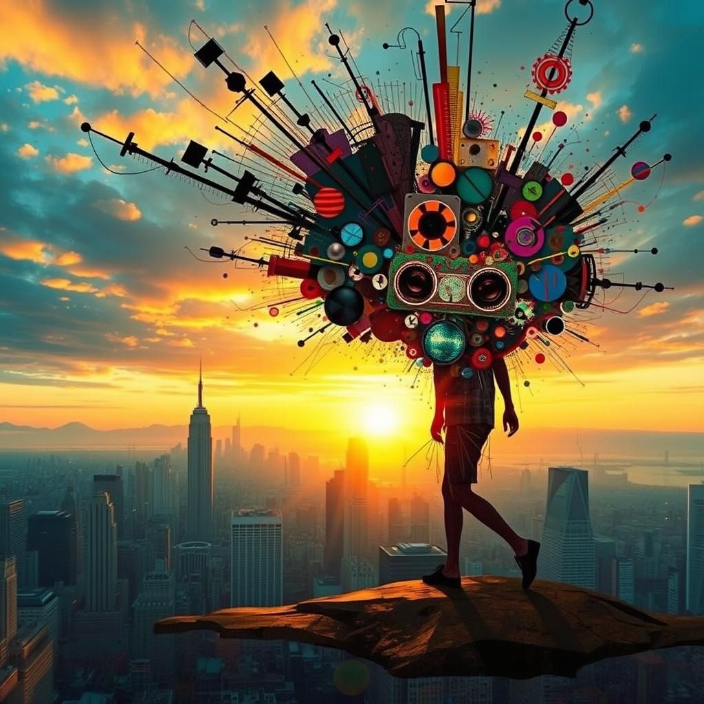 Abstract Explosion: Walking Man on City Skyline