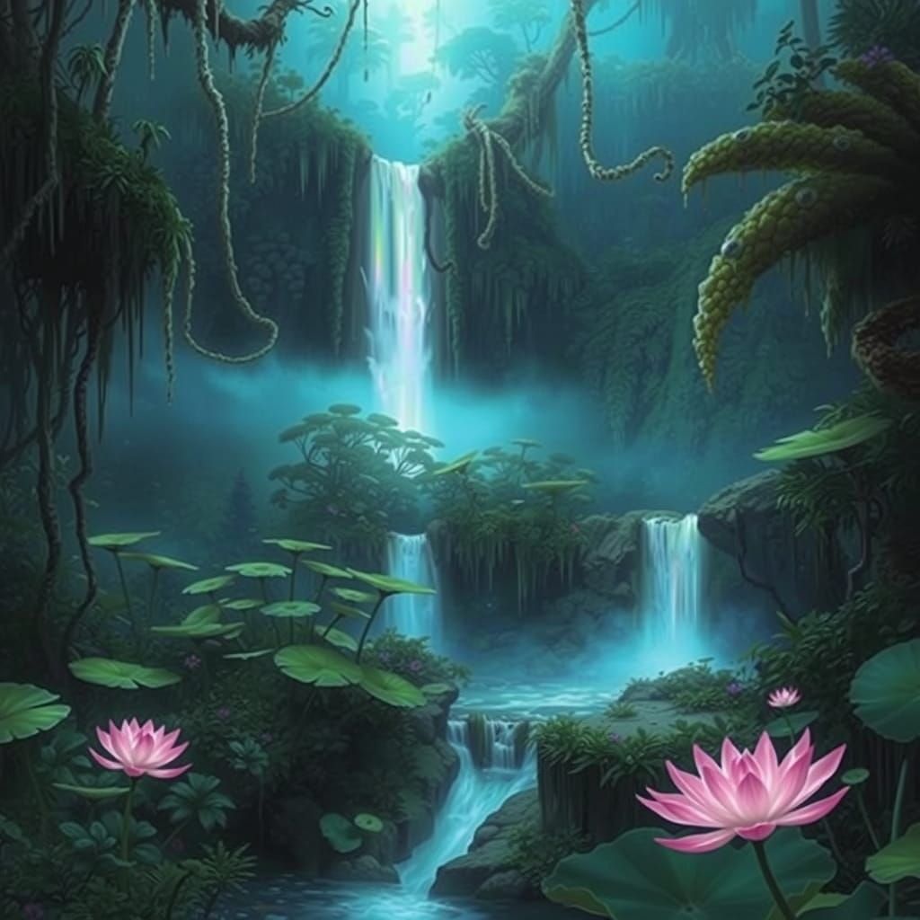 Mystical Bioluminescent Oasis in a Lush Jungle