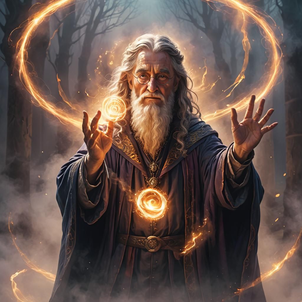 Mysterious Wizard Casting Spell with Glowing Runes