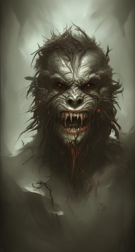 realistic werewolf, sharp fangs, scary headshot
