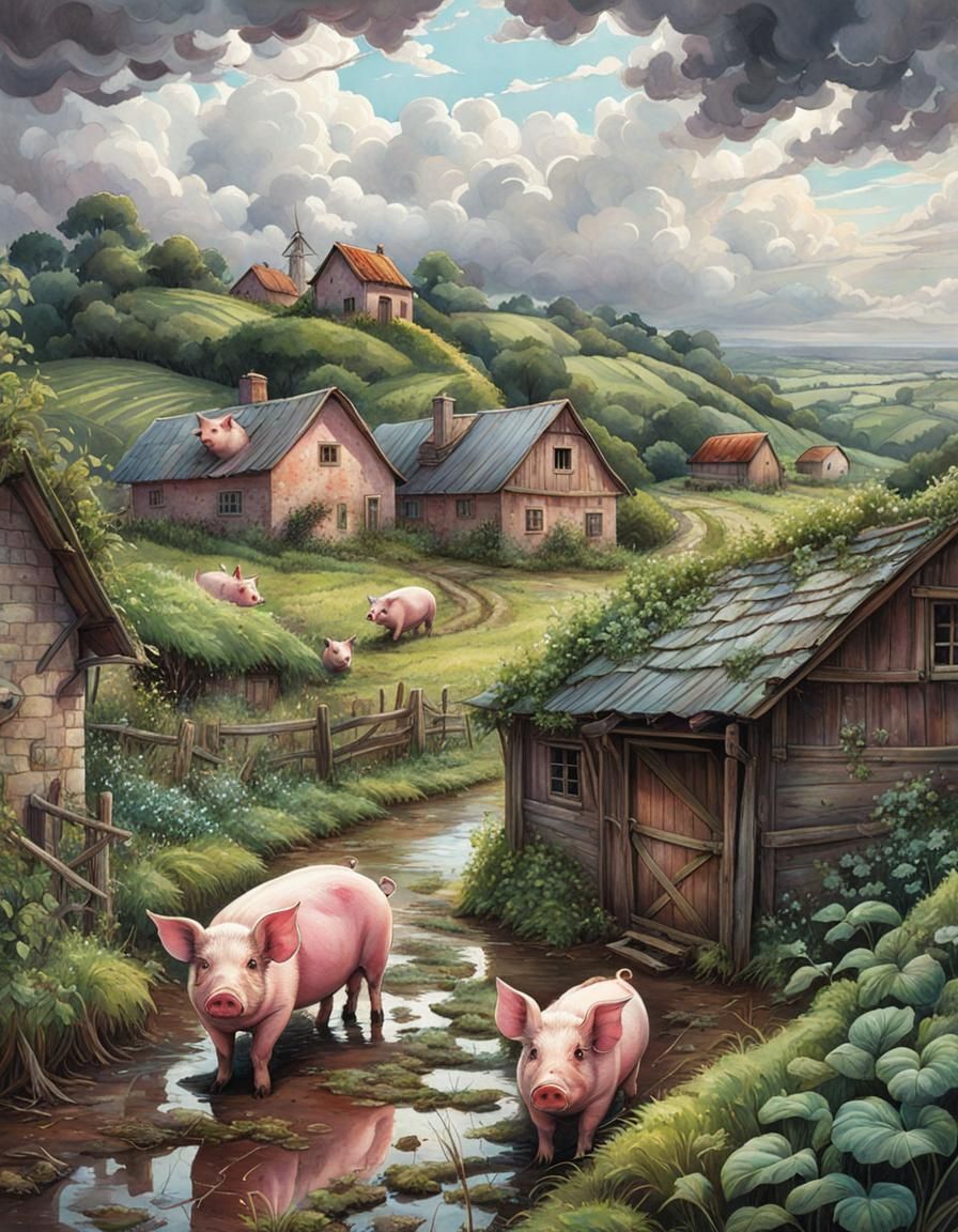 Farm Pigs in Natural Habitat: Comic Book Art
