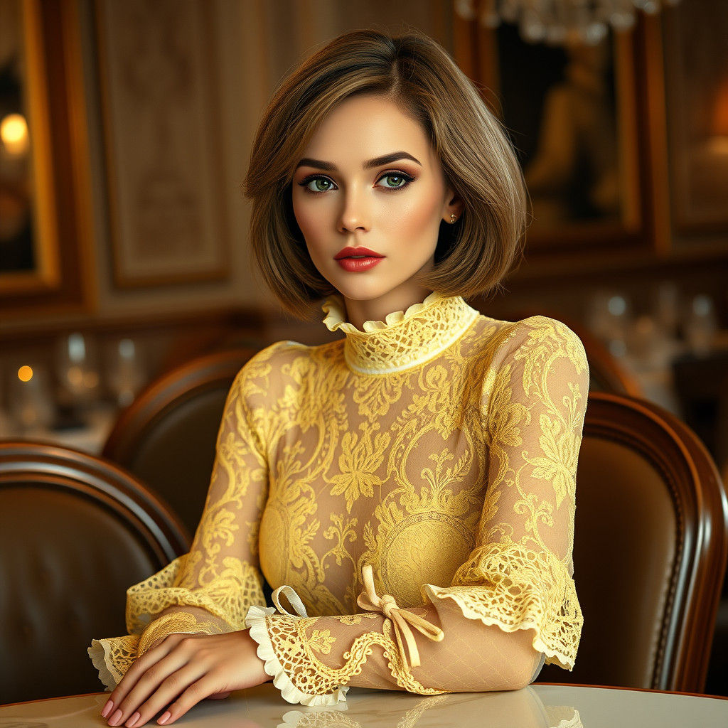 Elegant Woman in Yellow Lace Dress, Detailed Digital Art