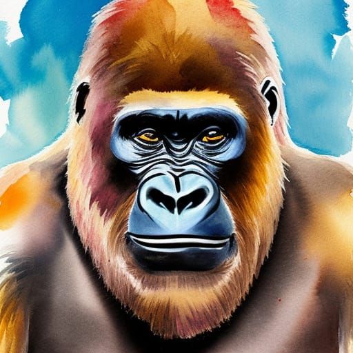 Man Transforming into Gorilla as Gouache Painting