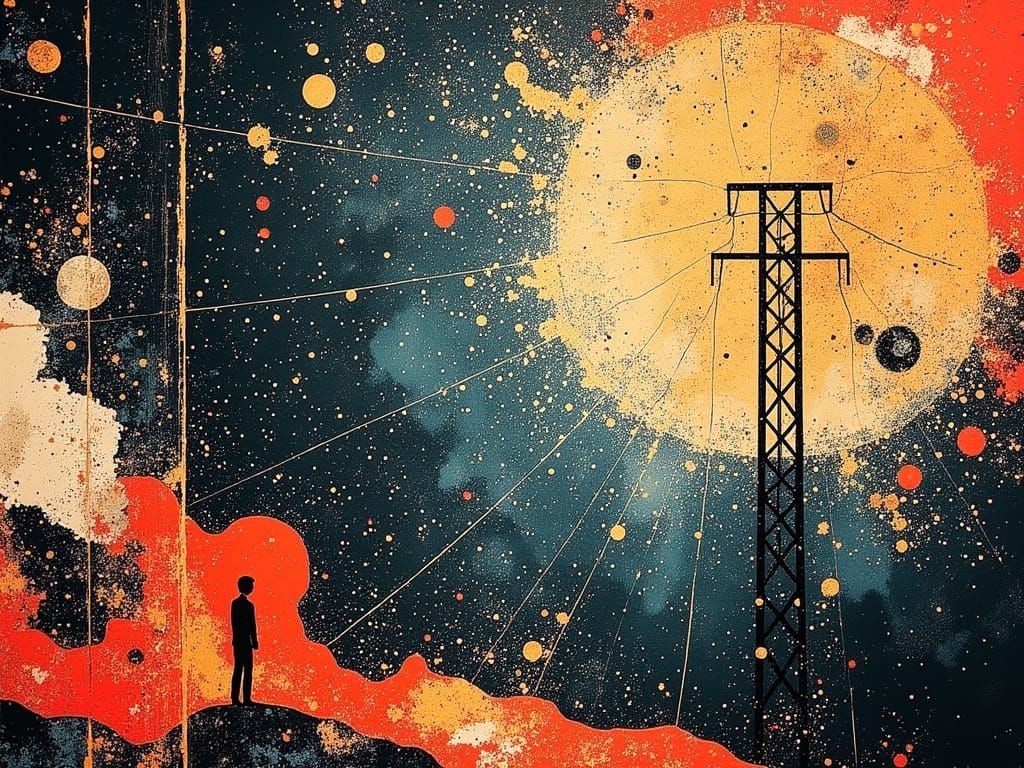 Surreal Fireworks Over Power Lines in Cubist Style