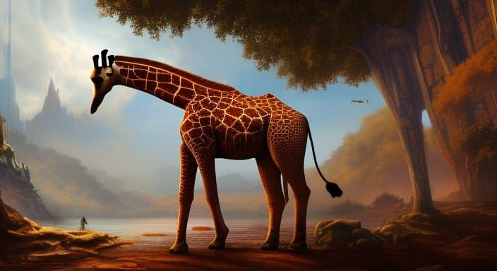 Zebra-Striped Giraffe in New York, Detailed Matte Painting