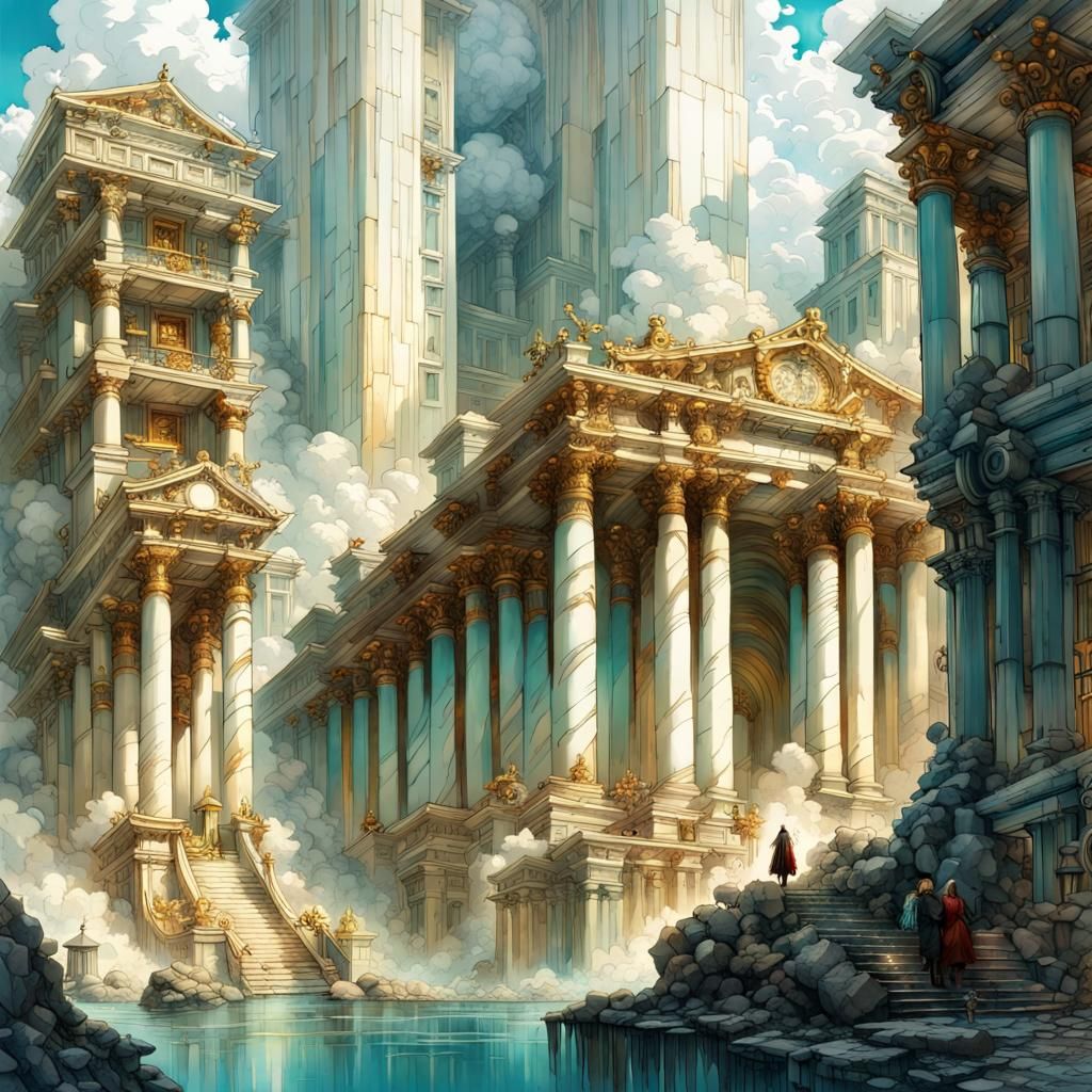 Olympus City with Waterfalls and Soaring Eagles