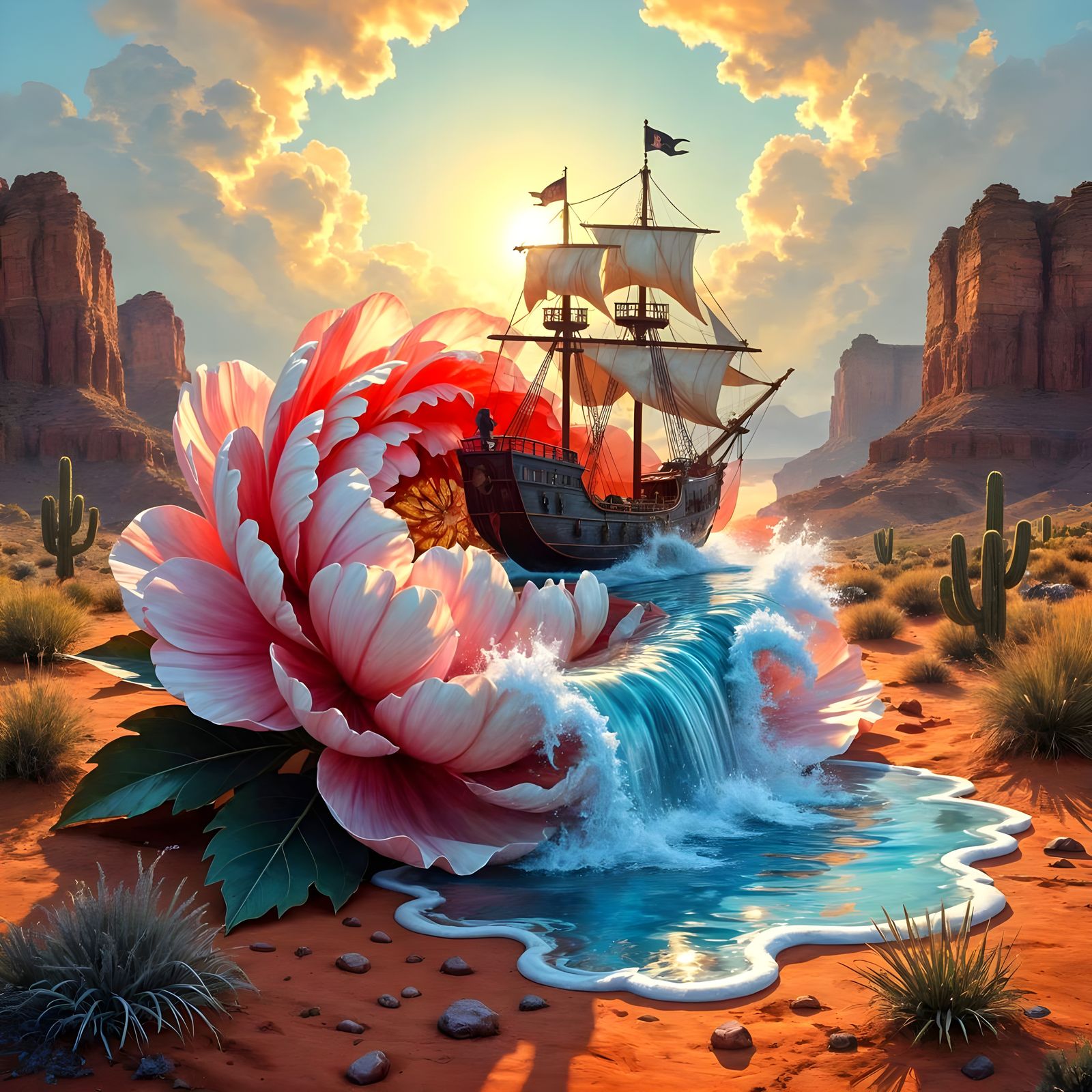 Fire Agate Flower Pours Ocean onto Desert Landscape