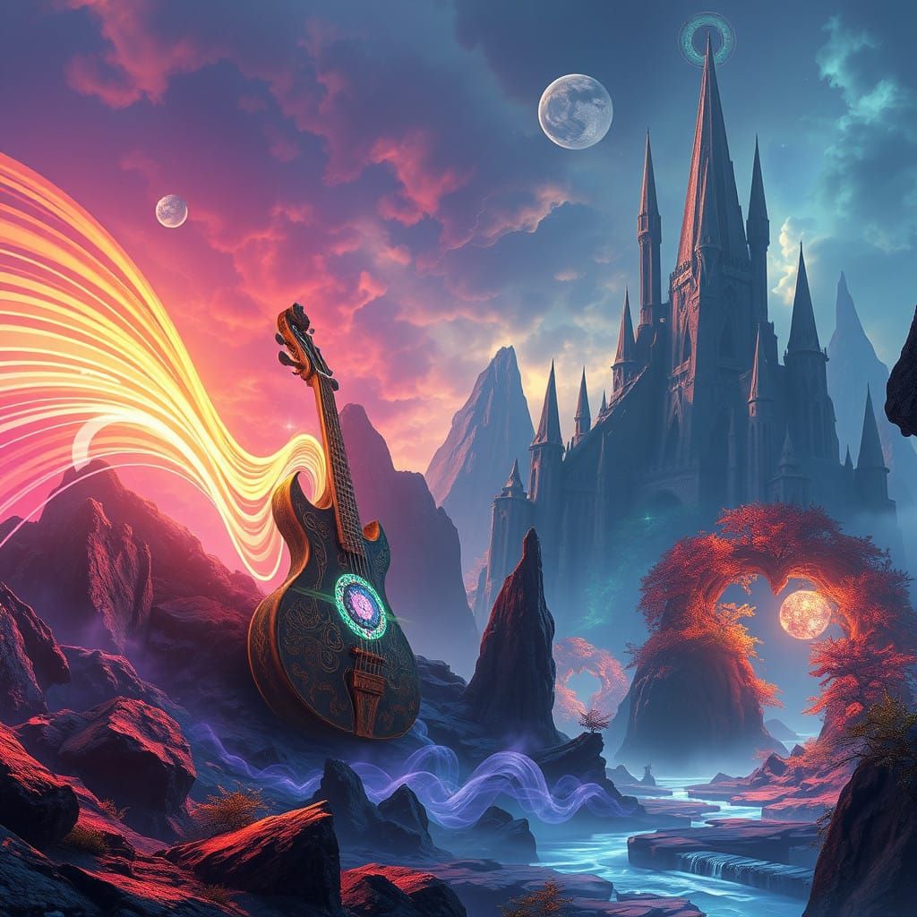 Ethereal Fantasy Instrument in a Vibrant High-Fantasy Landsc...