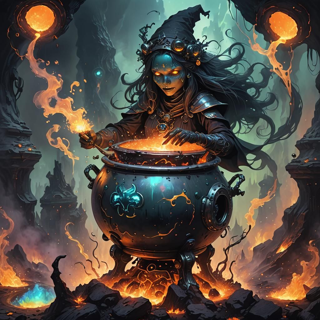 Gleeful Cyborg Witch and Bubbling Cauldron