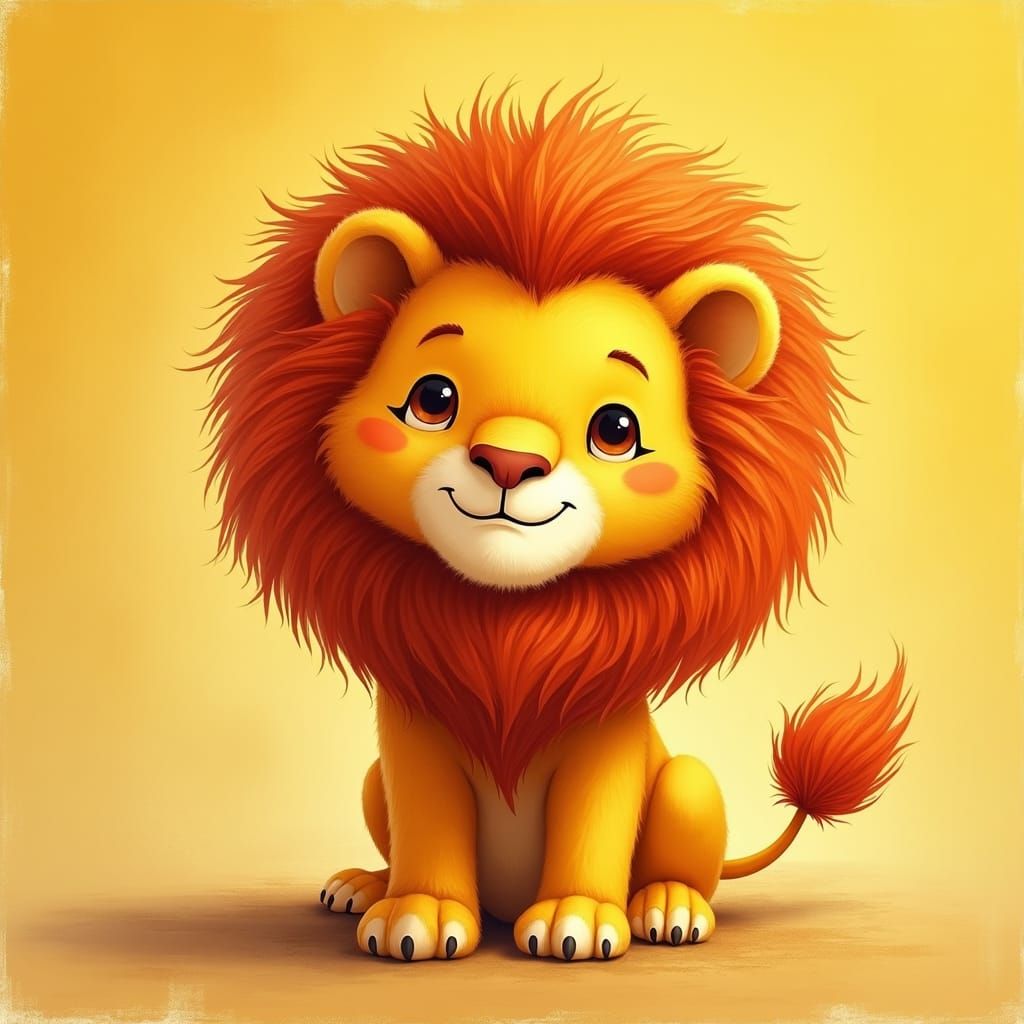 Friendly Lion with Fluffy Mane in Children's Illustration St...