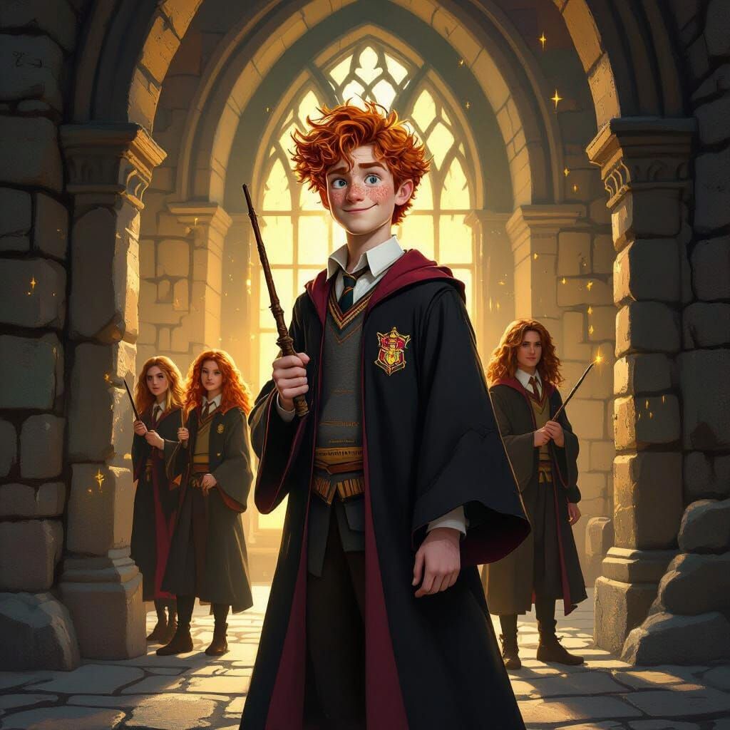 Young Wizard in Hogwarts Robes with Magical Light